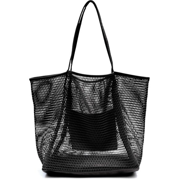 Women's Black Mesh Beach Nylon And Polyester No-closure Tote Shoulder Handbag - Picture 1 of 6